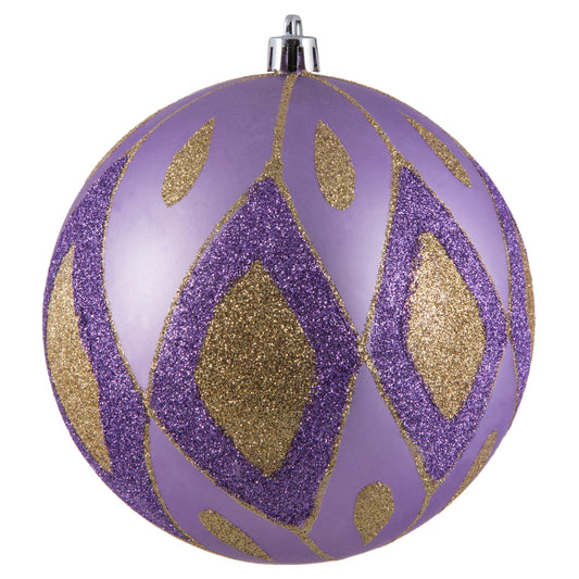 Vickerman 4.75" Lavender Matte Ball with Glitter Diamond Pattern. Add variety and sparkle to your holiday arrangement with this matte ornament that features a glitter pattern. Includes 4 pieces per bag. Made with shatterproof plastic. Ornament has a drill