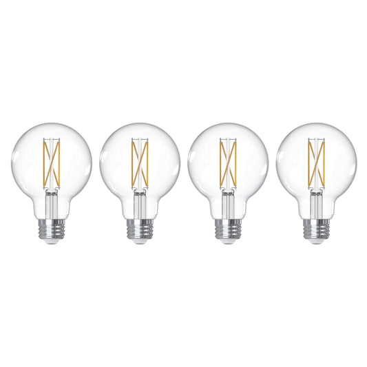 Bulbrite 776241 LED Filament Pack of 4, 7.6 Watt Dimmable G25 Light Bulb with Clear Finish and Medium Screw E26 Base - 4000K(Cool White Light), 800 lumens