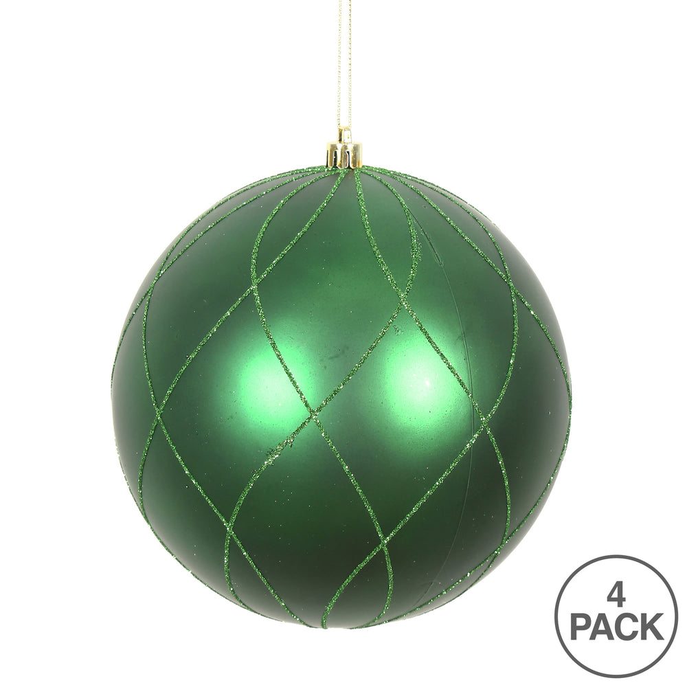 Vickerman 4" Emerald Matte and Glitter Swirl Ball Ornament 4 per Box