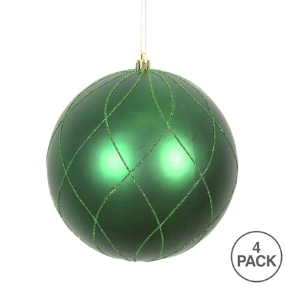 Vickerman 4" Emerald Matte and Glitter Swirl Ball Ornament 4 per Box