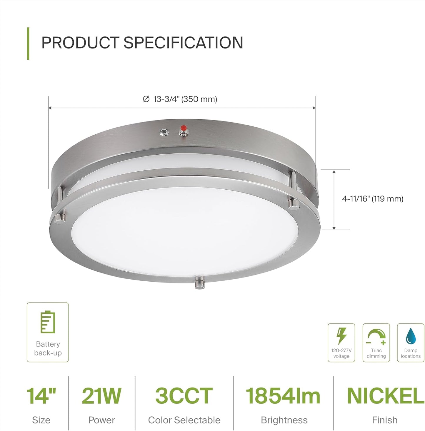 ASD Lighting LED Double Ring Flushmount 14inch 21W 120-277V Triac 3000/4000/5000K with Battery Back-up 12W Nickel ETL