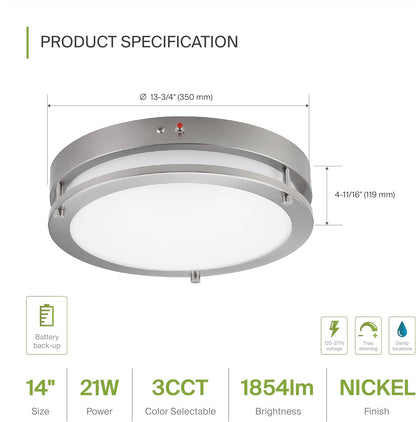 ASD Lighting LED Double Ring Flushmount 14inch 21W 120-277V Triac 3000/4000/5000K with Battery Back-up 12W Nickel ETL