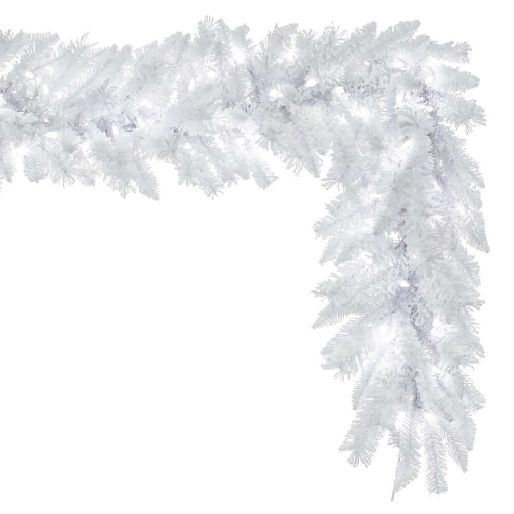 Vickerman 9' x 14" Flocked White Garland  Pure White Single Mold LED Lights.