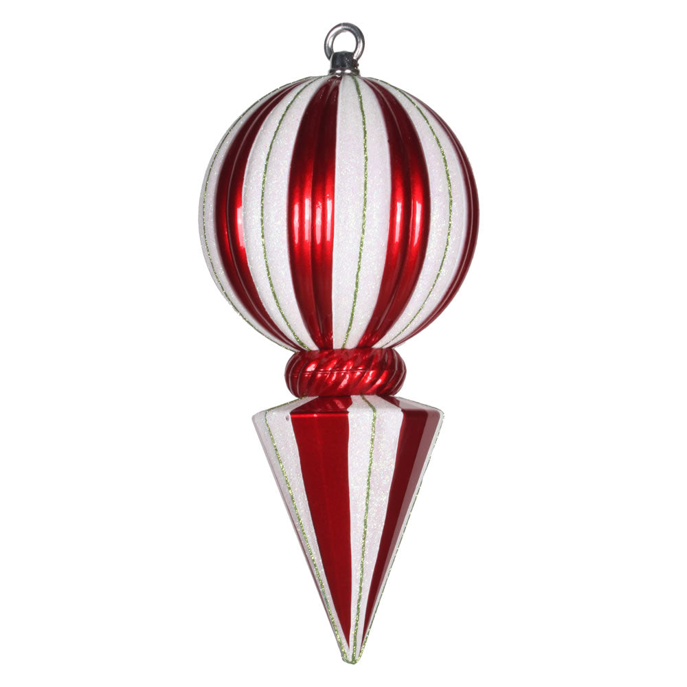 Vickerman 12" Red and White Striped Shiny Ball Finial Ornament with Glitter Accents