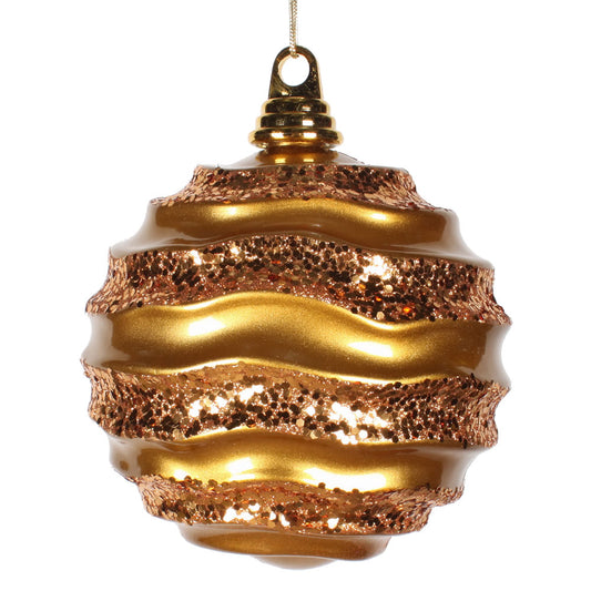 Vickerman 6'' Antique Gold Candy Finish Wave Ball Ornament with matching Glitter Accents Shatterproof
