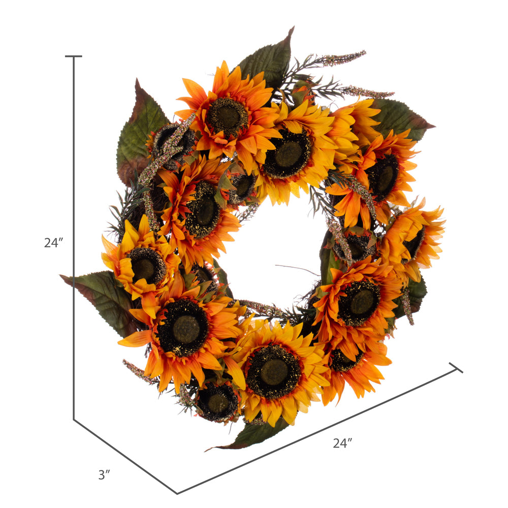 Vickerman 24" Artificial Yellow Sunflower Wreath with Green Fern Foliage.