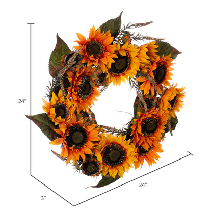 Vickerman 24" Artificial Yellow Sunflower Wreath with Green Fern Foliage.
