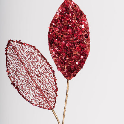 Vickerman 20" Red Mesh Apple Leaf Artificial Christmas Spray. Includes 3 sprays per pack.