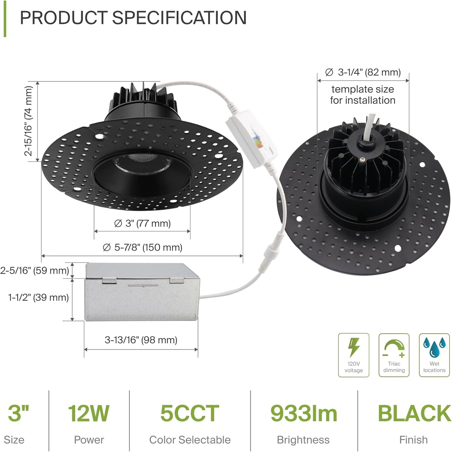 ASD Lighting LED Trimless Downlight Round 3.5inch 12W 120V Triac 2700/3000/3500/4000/5000K Black ETL Energy Star
