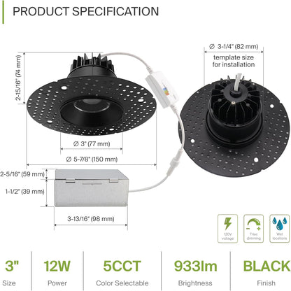 ASD Lighting LED Trimless Downlight Round 3.5inch 12W 120V Triac 2700/3000/3500/4000/5000K Black ETL Energy Star