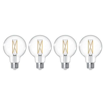 Bulbrite 776239 LED Filament Pack of 4, 7.6 Watt Dimmable G25 Light Bulb with Clear Finish and Medium Screw E26 Base - 2700K(Warm White Light), 800 lumens