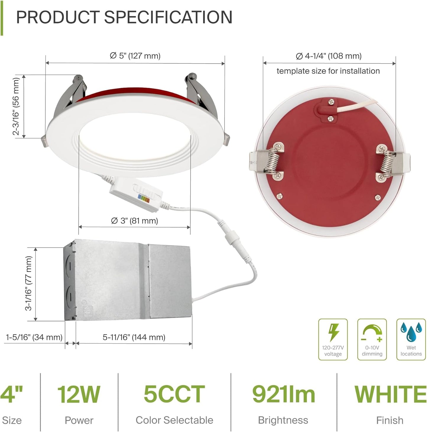 ASD Lighting LED Recessed Mini Panel Fire Rated Round 4inch 12W 120-277V 0-10V Dimmable 2700/3000/3500/4000/5000K with Baffle Trim White ETL Energy Star