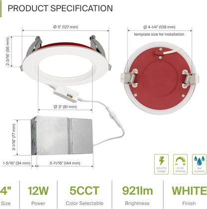 ASD Lighting LED Recessed Mini Panel Fire Rated Round 4inch 12W 120-277V 0-10V Dimmable 2700/3000/3500/4000/5000K with Baffle Trim White ETL Energy Star