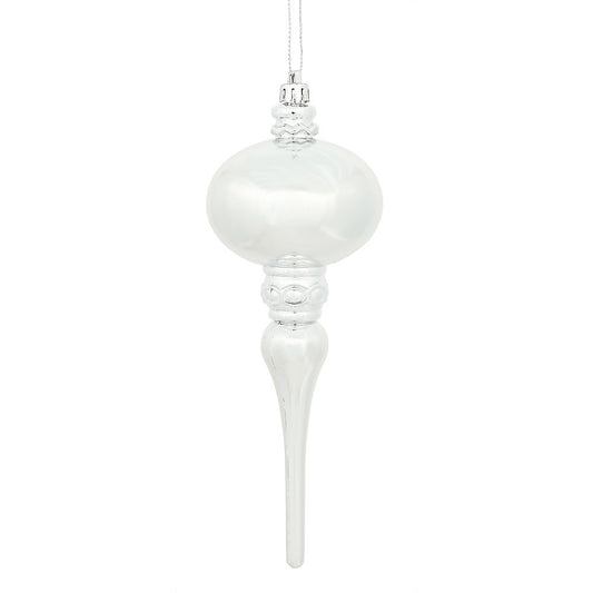 8" x 2.75" Silver Shiny Finial Ornament with drilled and wired caps. Comes 3 per Bag.