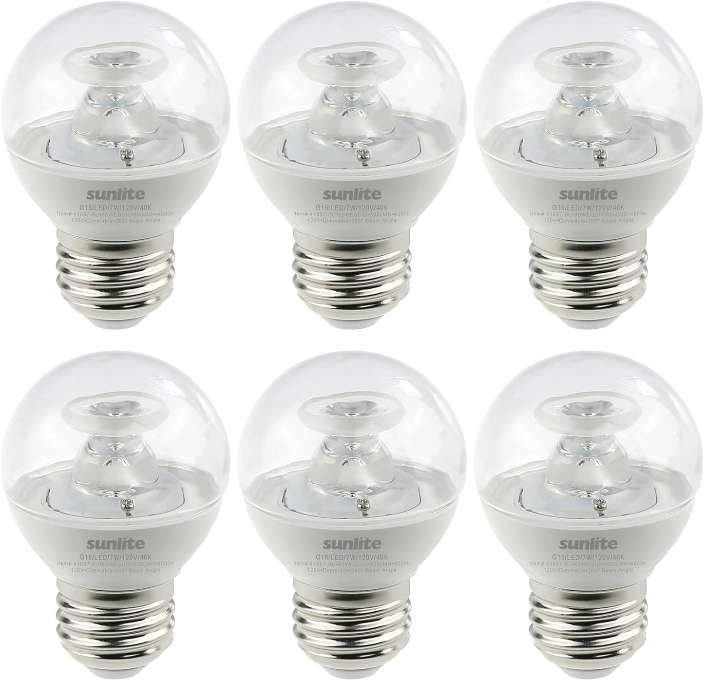 Sunlite LED G16 Decorative Clear Globe Light Bulb, 7 Watts (60W Equivalent), 500 Lumens, Dimmable, Medium E26 Base, 120 Volts, ETL Listed, 260 Degree Beam Angle, 4000K Cool White, 6 Pack