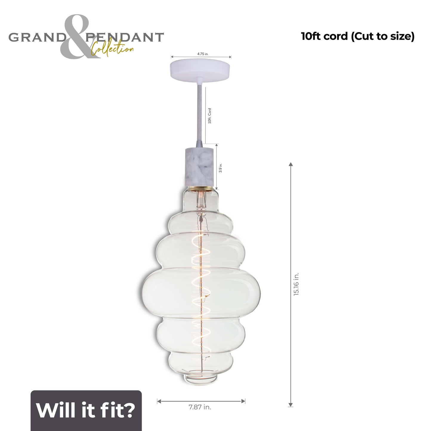 Bulbrite LED Grand Bulb and Pendant Kit of (1) 4 Watt Clear Glass 15" Beehive Shaped Bulb and (1) White Marble Open Socket Pendant on White Fabric Braided Cord - 2200K (Amber Light)