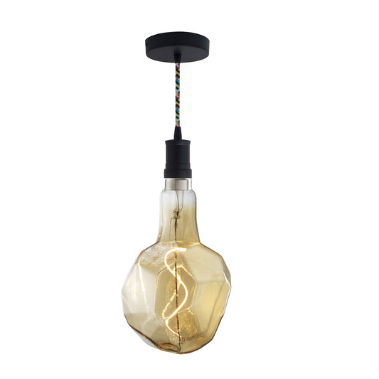 Bulbrite LED Grand Bulb and Pendant Kit of (1) 4 Watt Antique Glass 12" Jewel Shaped Bulb and (1) Black Open Socket Pendant on Multicolor Fabric Braided Cord - 2000K (Amber Light)