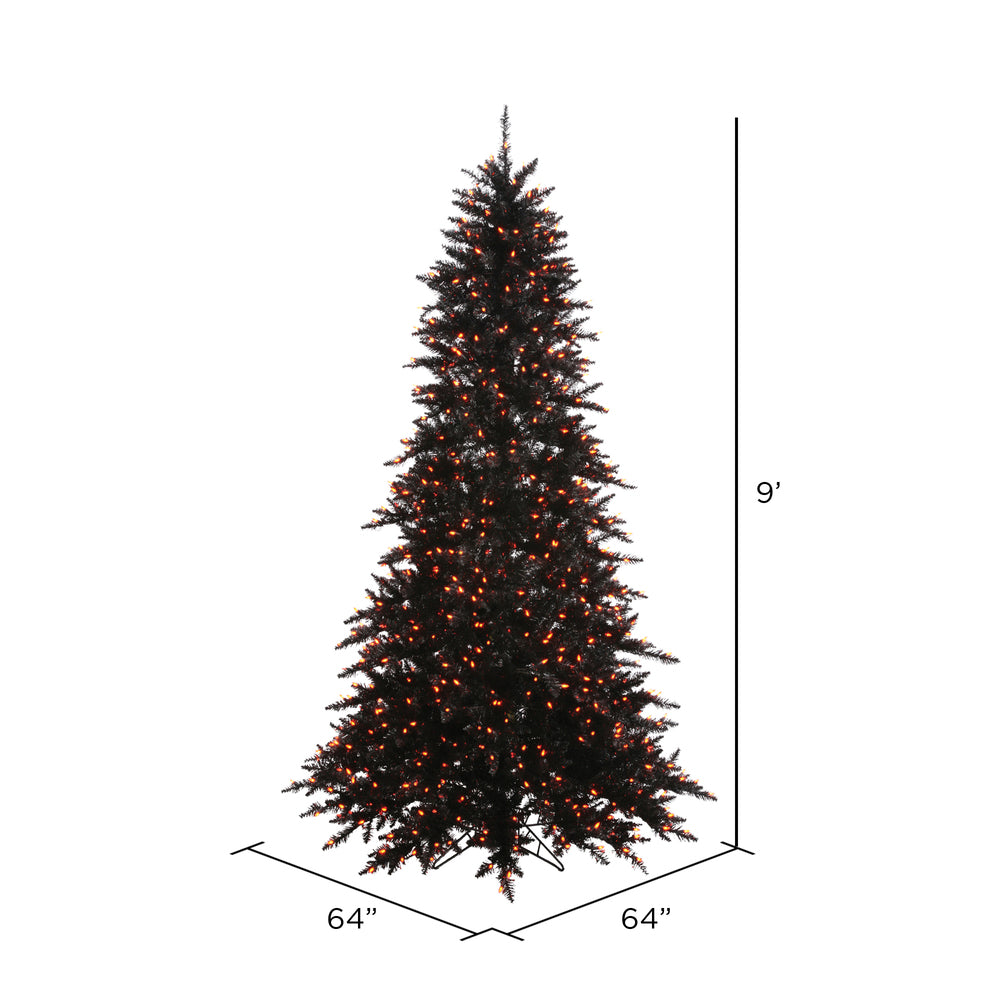 Vickerman 9' Black Fir Artificial Christmas Tree Orange Dura-Lit LED lights.