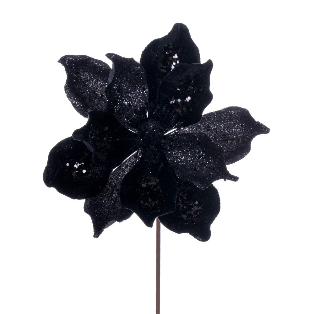 Vickerman 15" Artificial Black Deluxe Magnolia Christmas Stem 8" Flower 6 per bag