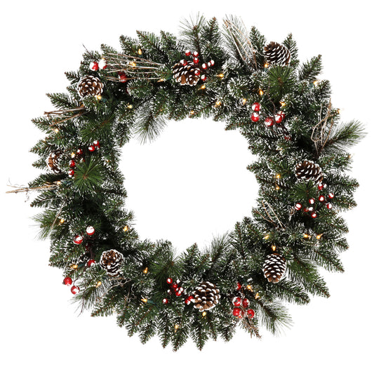 Vickerman 30" Snow Tipped Pine and Berry Artificial Christmas Wreath Warm White Dura-lit LED Mini Lights