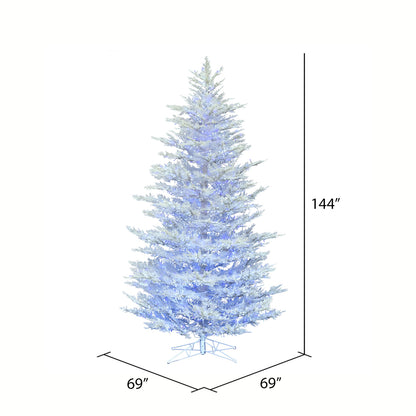 Vickerman 12' x 69" Flocked Cedar Pine Artificial Christmas Tree Low Voltage LED Pure White and Blue Wide Angle 3mm Twinkle Lights