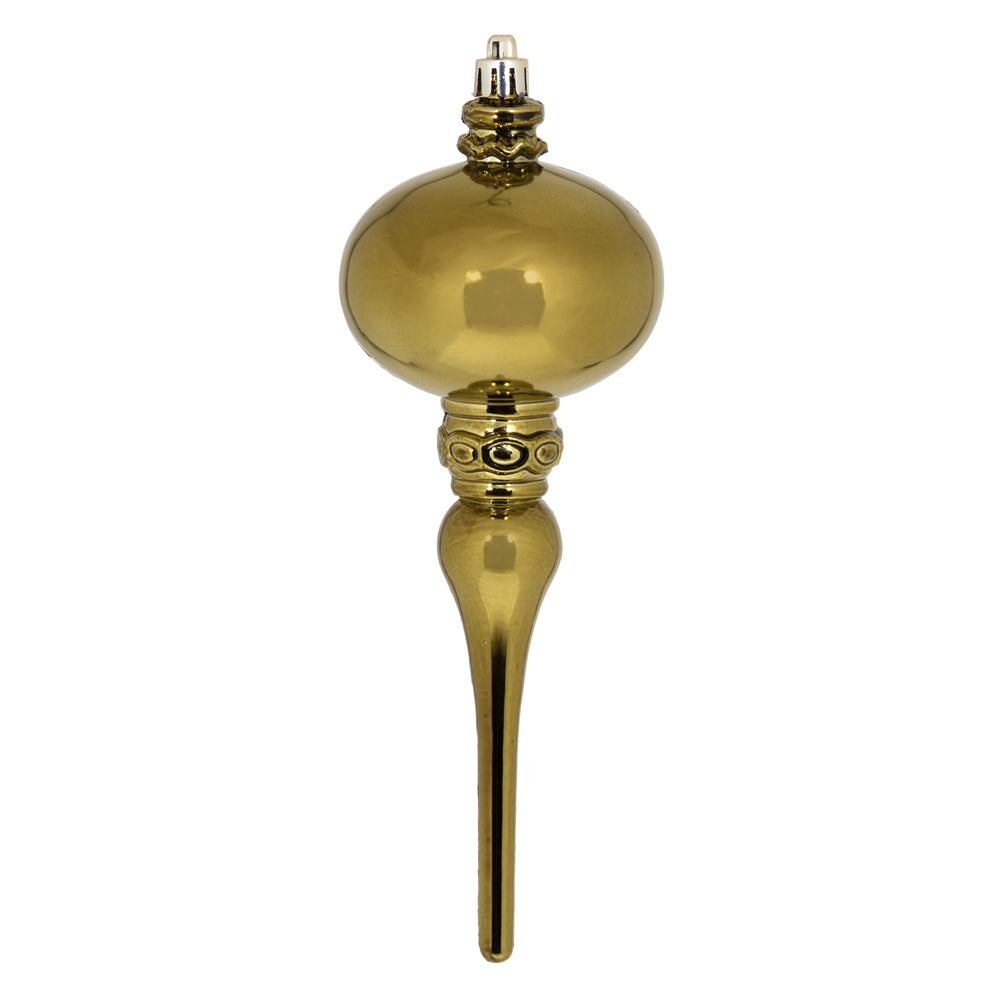 Vickerman 8" x 2.75" Olive Shiny Finial Ornament with drilled and wired caps. Comes 3 per Bag.