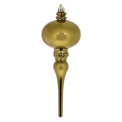 Vickerman 8" x 2.75" Olive Shiny Finial Ornament with drilled and wired caps. Comes 3 per Bag.