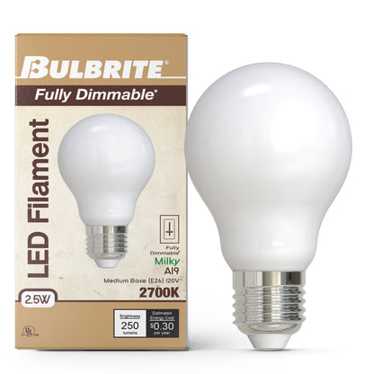 Bulbrite 776953 2.5W LED A19 2700K FILAMENT MILKY FULLY COMPATIBLE DIMMING
