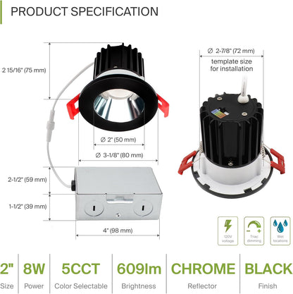 ASD Lighting LED Downlight 2INCH Changeable Round 8W CCT Selectable 2700/3000/3500/4000/5000K Dimmable, Chrome Smooth reflector, Black trim, ETL Energy Star