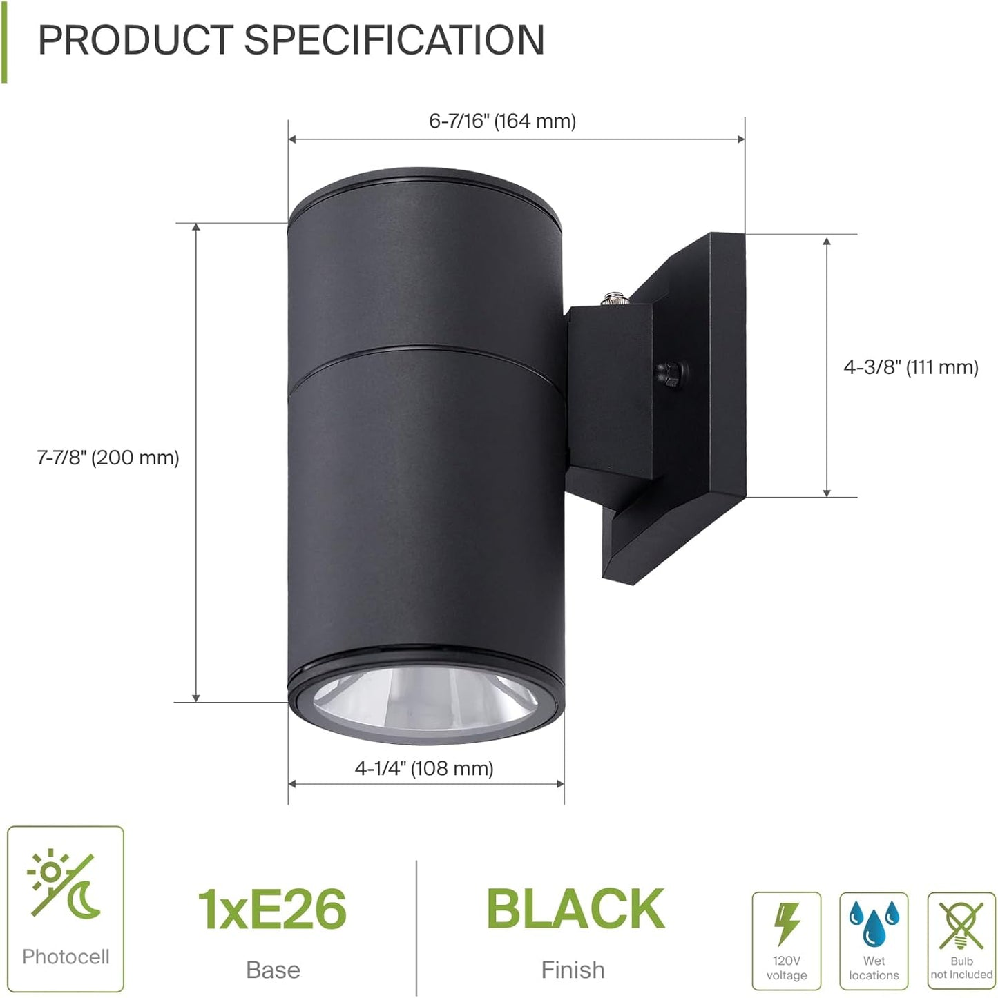 ASD Lighting BULB Round Outdoor Wall Cylinder with Photocell, Up or Downlight Fixture, 120V, 60W Max, 7.88", 50°, Black Finish, 2Pack