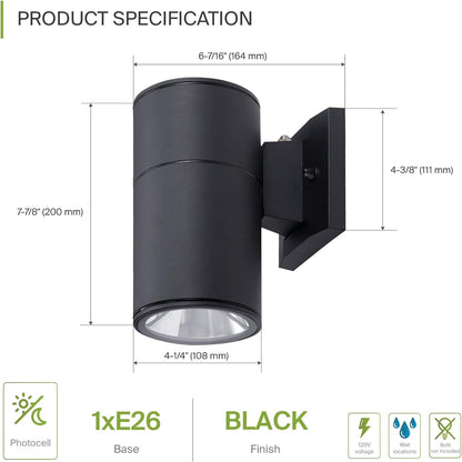 ASD Lighting BULB Round Outdoor Wall Cylinder with Photocell, Up or Downlight Fixture, 120V, 60W Max, 7.88", 50°, Black Finish, 2Pack