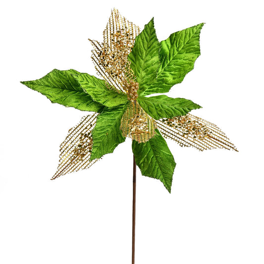 Vickerman 13" x 23" Lime Poinsettia Mesh Glitter Artificial Christmas Spray. Includes 6 sprays per pack.