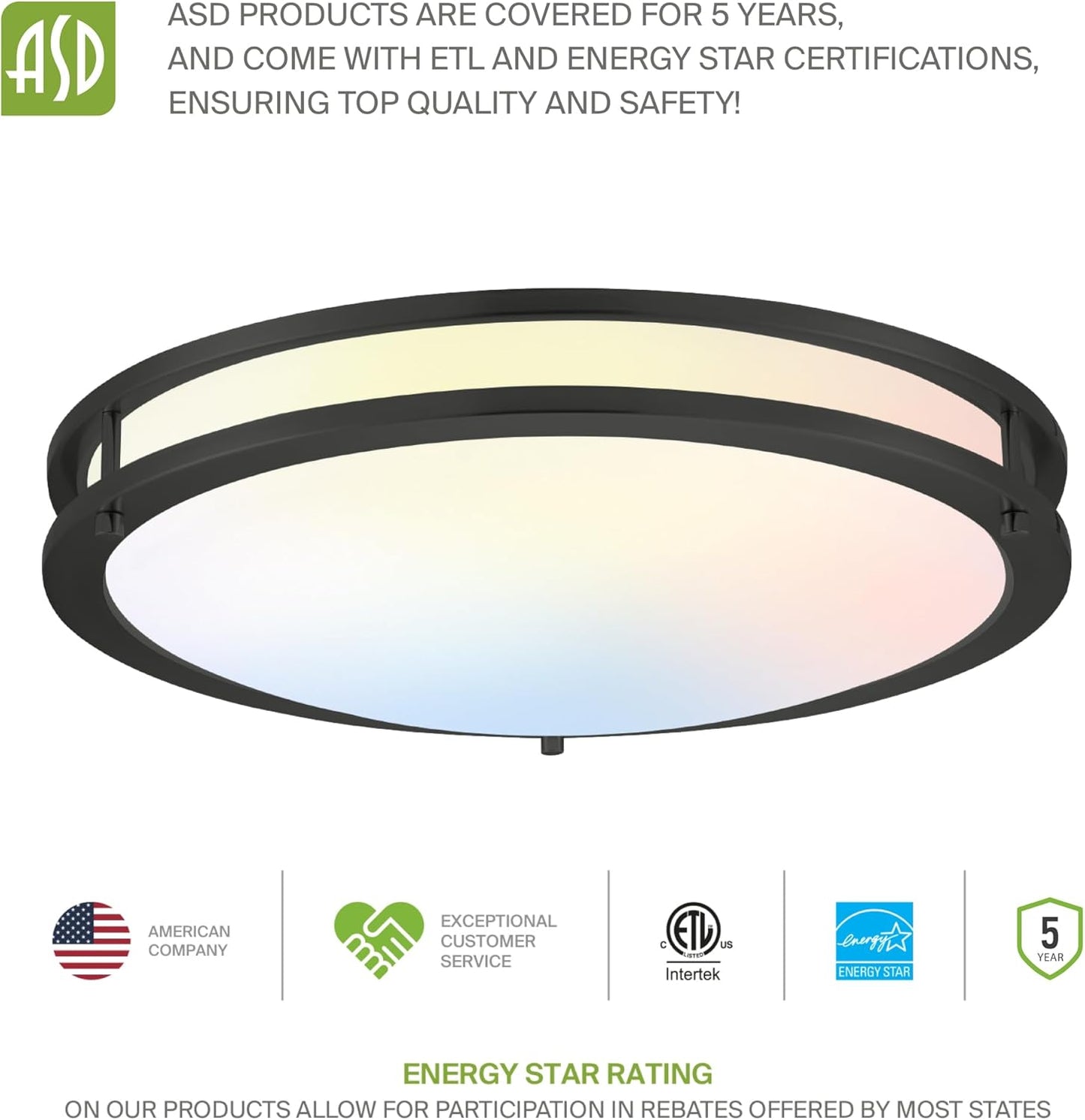 ASD LED Double Ring Flushmount 12" 20W 120V CCT Selectable 3000/4000/5000K Dimmable Black ETL Energy Star