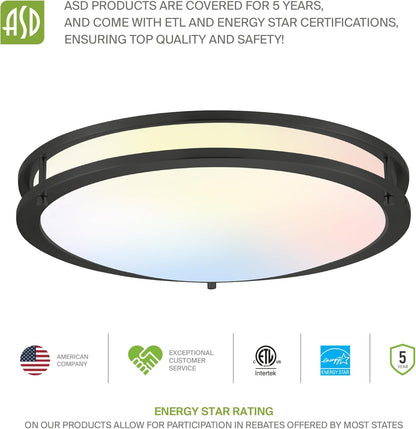 ASD LED Double Ring Flushmount 12" 20W 120V CCT Selectable 3000/4000/5000K Dimmable Black ETL Energy Star