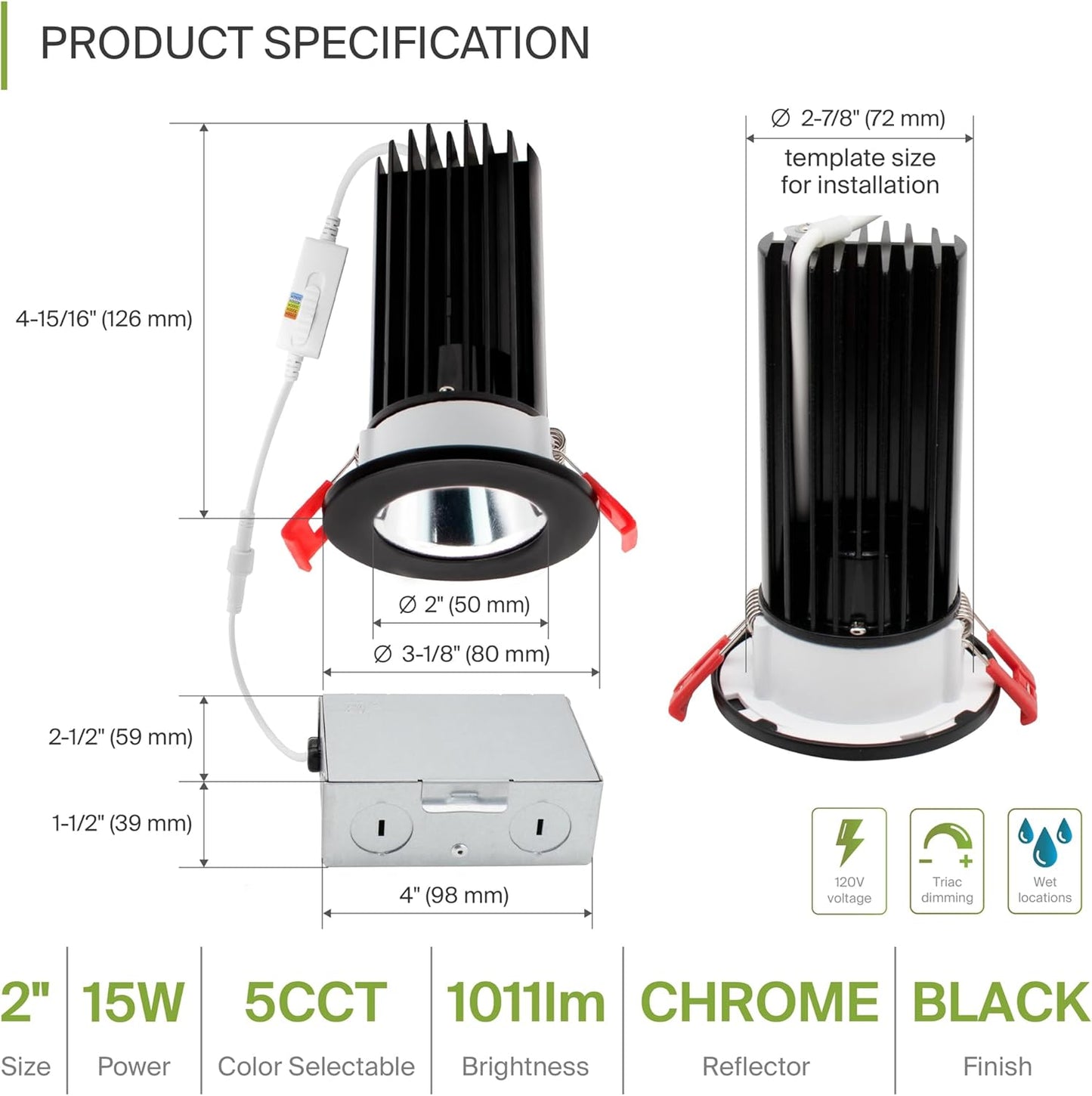 ASD Lighting LED Downlight 2INCH Changeable Round 15W CCT Selectable 2700/3000/3500/4000/5000K Dimmable, Chrome Smooth reflector, Black trim, ETL Energy Star