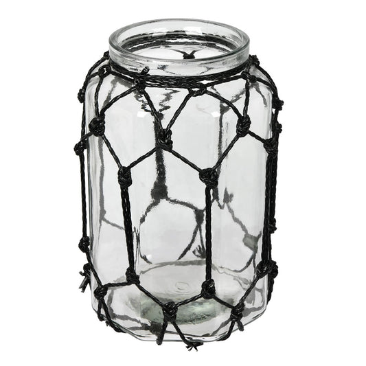 Vickerman 10.3" Glass Jar with Black Rope. This glass jar measures about 10 inches tall and 6.5 inches wide. The jar is accented with black rope tied in a diamond pattern. This jar can stand on its own or be paired with your favorite floral to make a colo