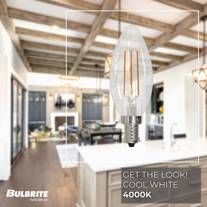 Bulbrite 6.5W LED LIGHT BULB B11 4000K FILAMENT E12 CANDELABRA BASE, CLEAR FINISH, DIMMABLE, 4PK