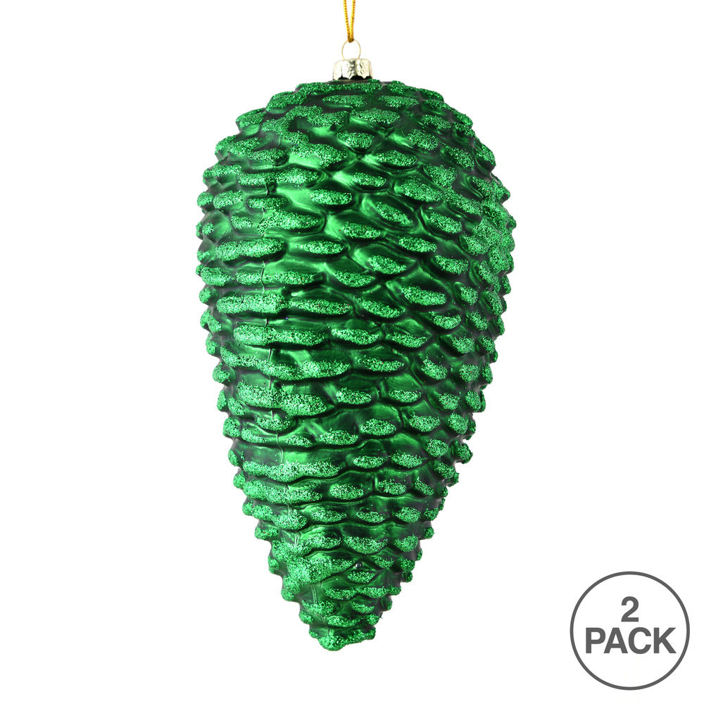 Vickerman 10" Emerald Matte Glitter Pinecone Christmas Ornament Pack of 2