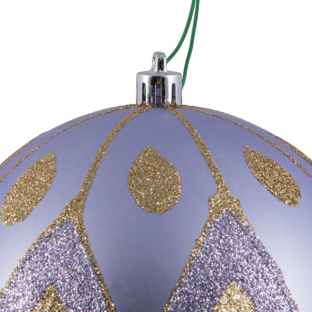 Vickerman 4.75" Lilac Matte Ball with Glitter Diamond Pattern. Add variety and sparkle to your holiday arrangement with this matte ornament that features a glitter pattern. Includes 4 pieces per bag. Made with shatterproof plastic. Ornament has a d