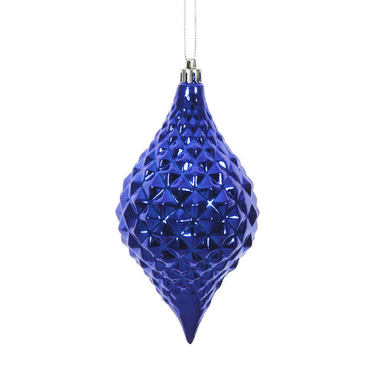 6" x 3" Cobalt Blue Shiny Diamond Drop Ornament with drilled and wired caps. Comes 4 per Bag.