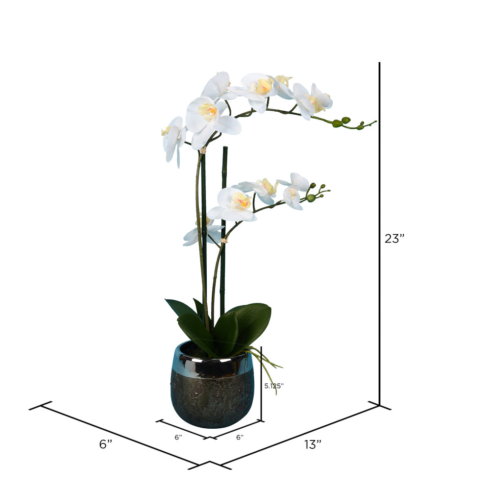 Vickerman 23" Artificial White Phalaenopsis In Metal Pot.