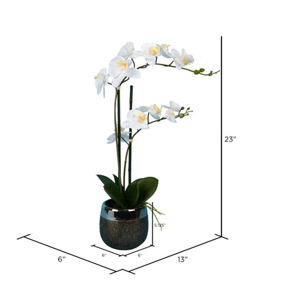 Vickerman 23" Artificial White Phalaenopsis In Metal Pot.