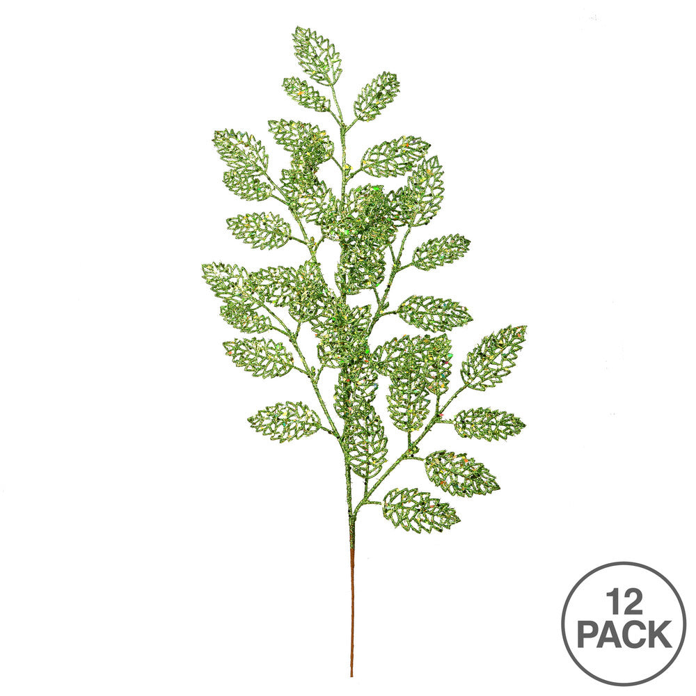Vickerman 22" Lime Glitter Loral Leaf Artificial Christmas Spray. Includes 12 sprays per pack.