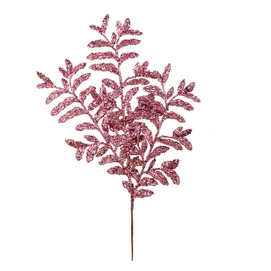 Vickerman 22" Pink Bipinnate Glitter Leaf Artificial Christmas Spray. Includes 12 sprays per pack.