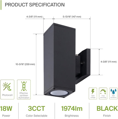 ASD Lighting LED Outdoor Wall Cylinder Square Up and Down 18W 120V Triac 3000/4000/5000K Black ETL