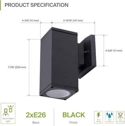 ASD Lighting BULB Square Outdoor Wall Cylinder, Up or Downlight Fixture, 120V, 60W Max, 7.88", 50°, Black Finish, 2Pack