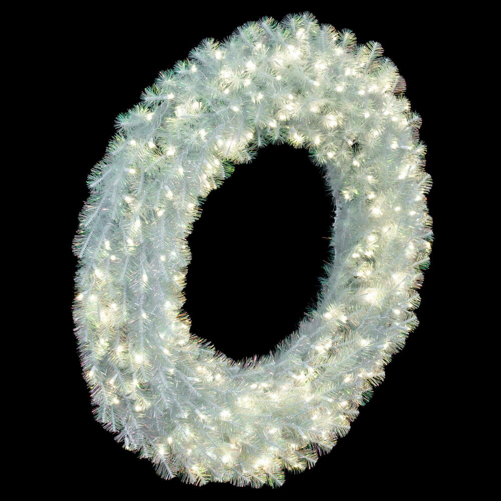 Vickerman 48" White Iridescent Artificial Pre-Lit Wreath with 200 Pure White LED 5MM Lights. It measures 48 inches wide. The diameter is measured from the end of one tip across to the other with the wreath tips extended outward. This wreath boasts 400 PVC