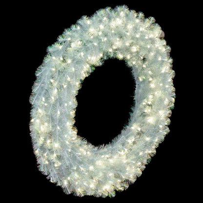 Vickerman 48" White Iridescent Artificial Pre-Lit Wreath with 200 Pure White LED 5MM Lights. It measures 48 inches wide. The diameter is measured from the end of one tip across to the other with the wreath tips extended outward. This wreath boasts 400 PVC