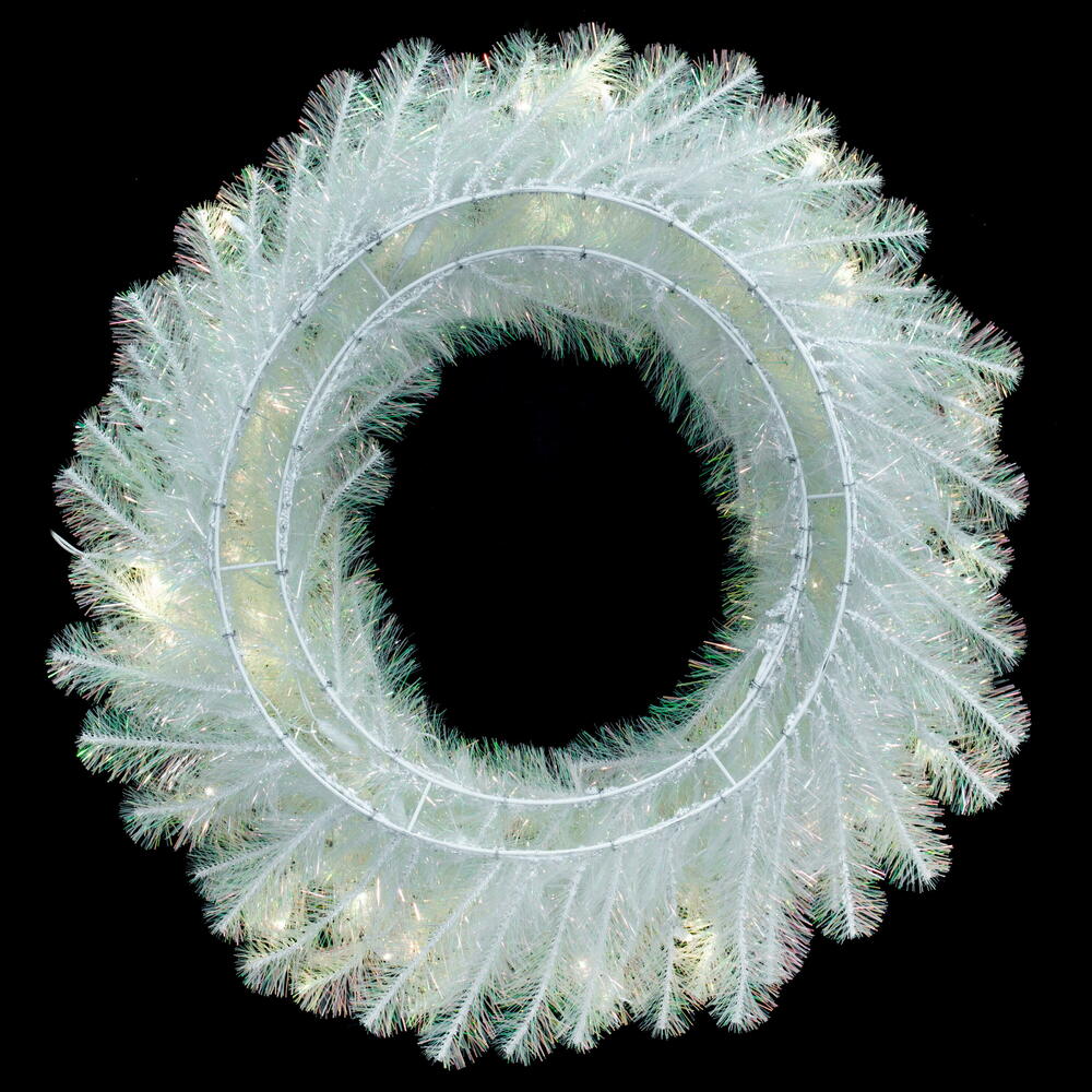 Vickerman 36" White Iridescent Artificial Pre-Lit Wreath with 100 Pure White LED 5MM Lights. It measures 36 inches wide. The diameter is measured from the end of one tip across to the other with the wreath tips extended outward. This wreath boasts 250 PVC