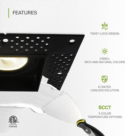 ASD Lighting LED Trimless Downlight Square 3.5inch 12W 120V Triac 2700/3000/3500/4000/5000K Black ETL